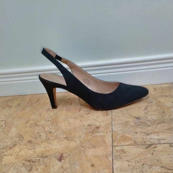 Black Vegan Suede Sling-Back Heels - Picture 4 of 11